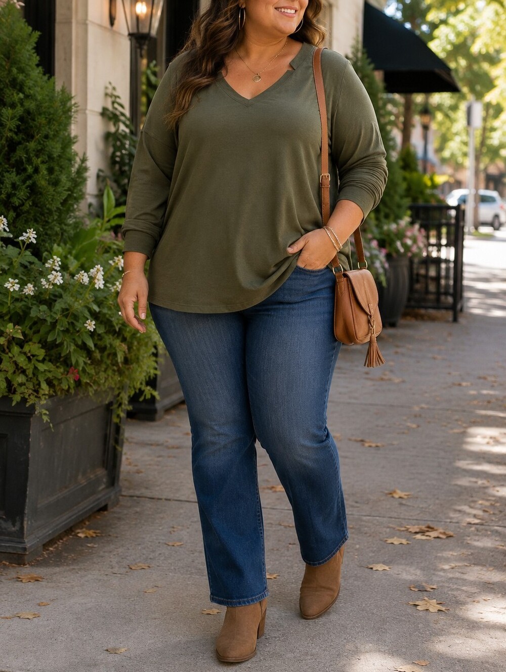 Belle by Kim Gravel Plus Size Olive Green V-Neck Long Sleeve Cotton Blend Top